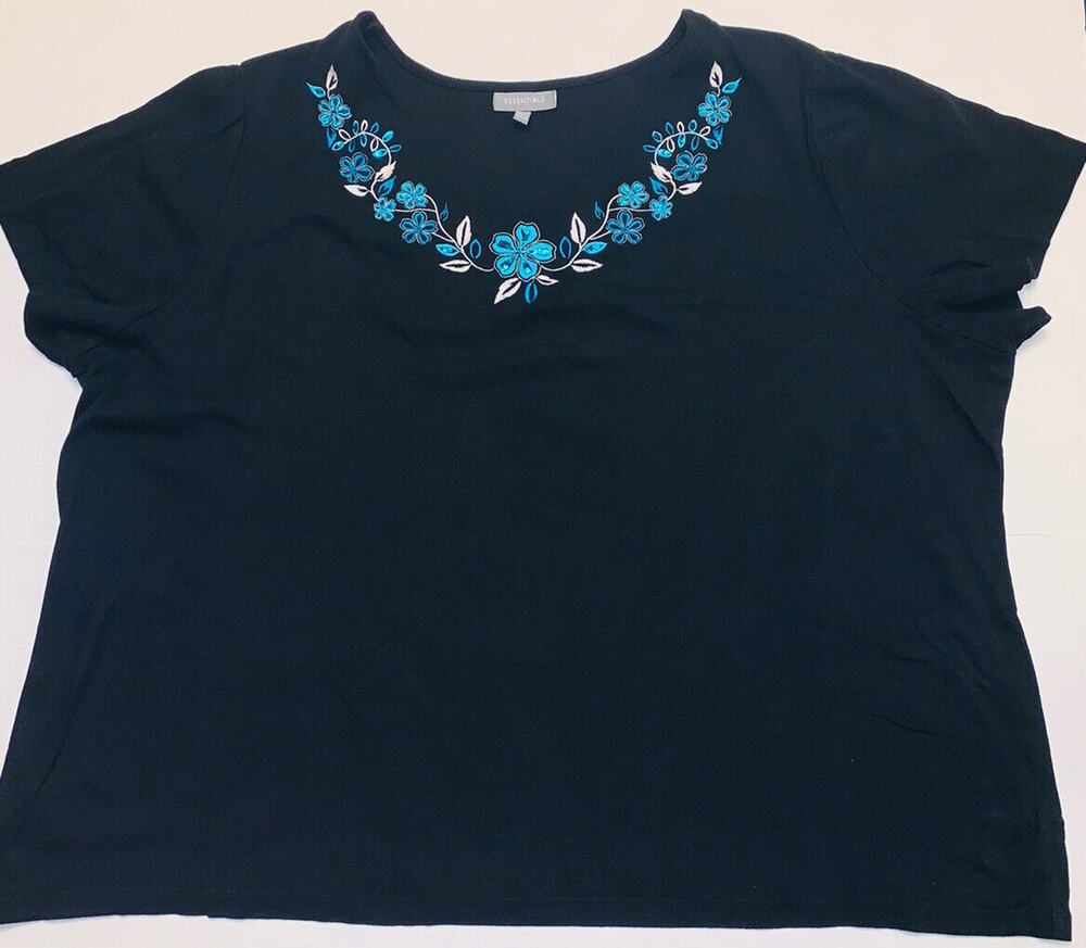 4X Black w Blue White Embroidery Sequined Neckline Knit Top T-shirt Essentials